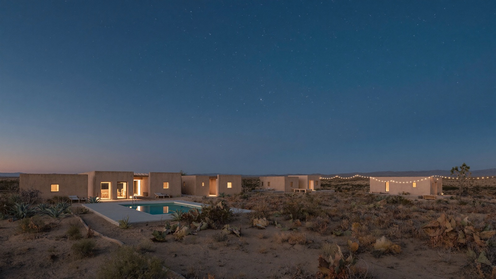 The adobe courtyard of Sonora House at dusk, with the pool glowing beneath a deep twilight sky